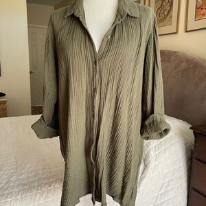 Eileen Fisher Olive Green Gauze Classic Collar Shirt